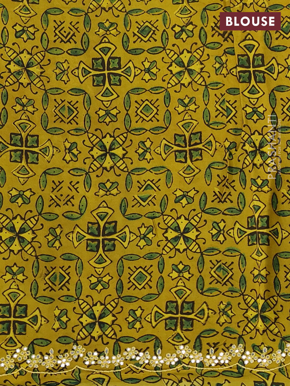 Satin organza silk saree teal green and mustard yellow with mirror embroidery work and ajrakh printed blouse - Image 3