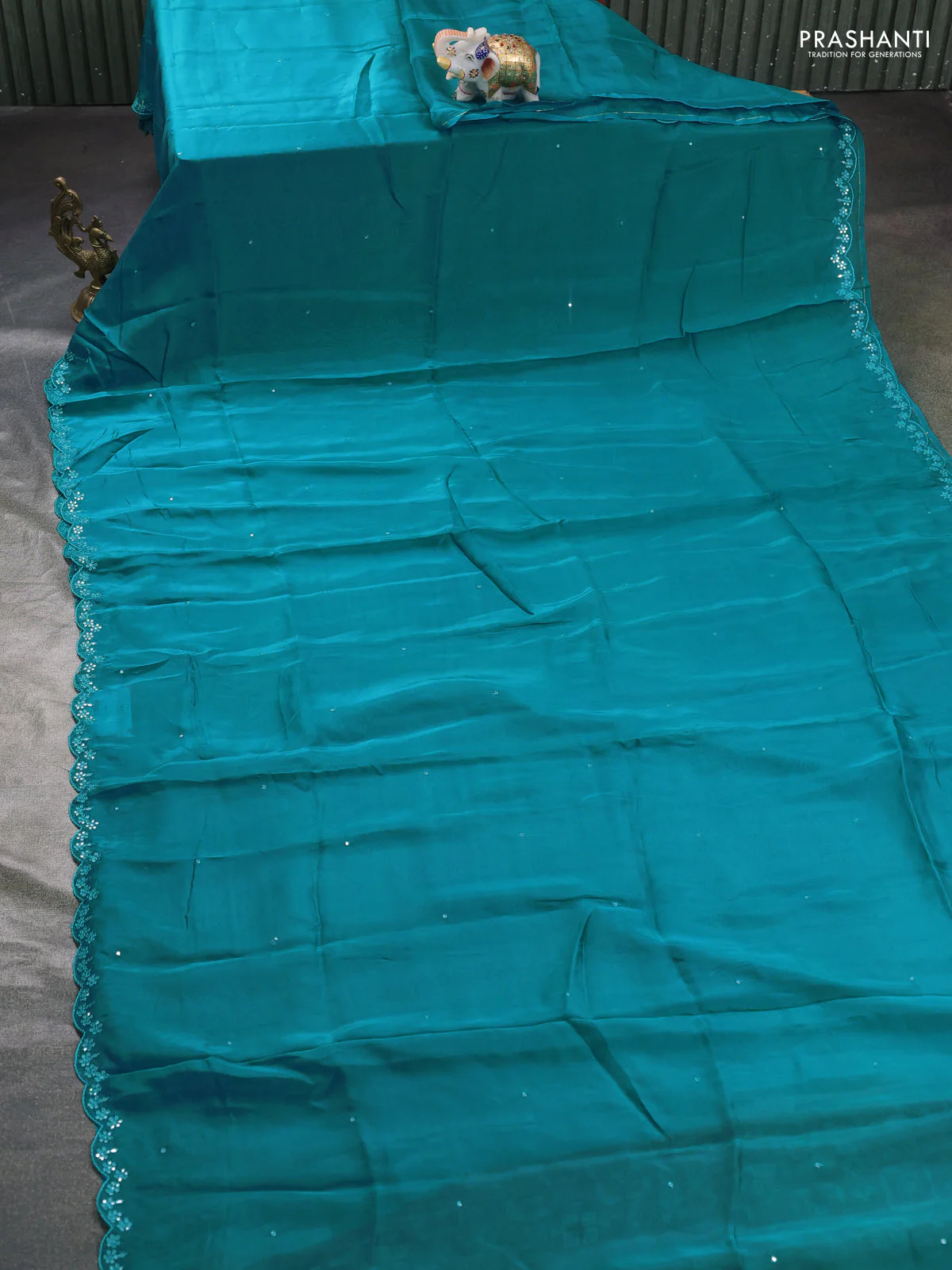 Satin organza silk saree teal green shade and maroon with mirror embroidery work and ajrakh printed blouse - Image 2