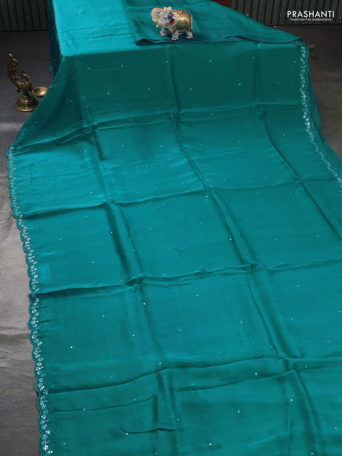 Satin organza silk saree teal green shade and mustard yellow with mirror embroidery work and ajrakh printed blouse - Image 2