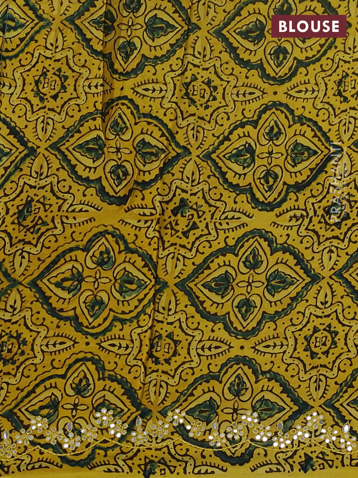 Satin organza silk saree teal green shade and mustard yellow with mirror embroidery work and ajrakh printed blouse - Image 3