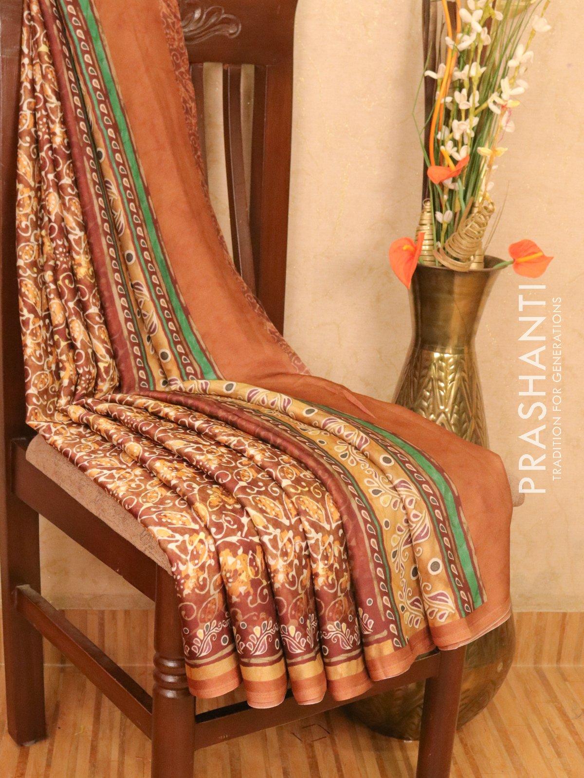 Satin saree brown shade with allover digital prints - Image 2