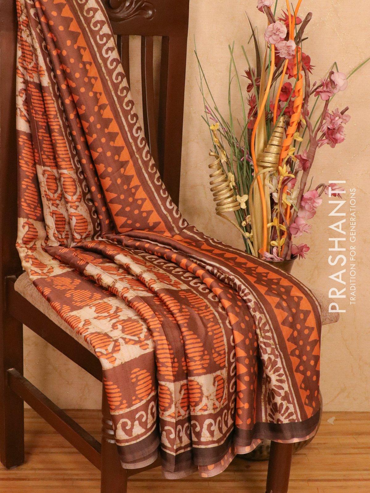 Satin saree brown shade with allover digital prints - Image 2