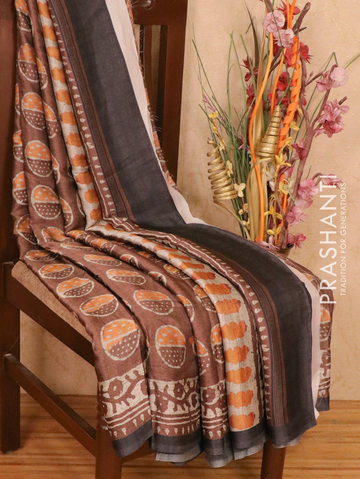 Satin saree dark brown shade with allover digital prints - Image 2