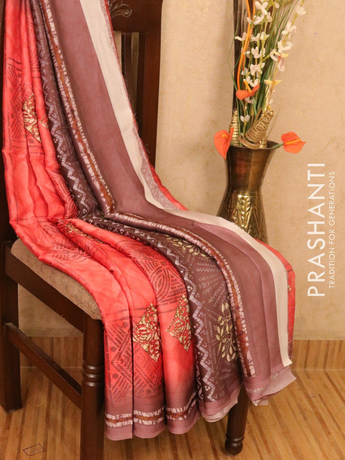 Satin saree dark pink shade with allover digital prints - Image 2