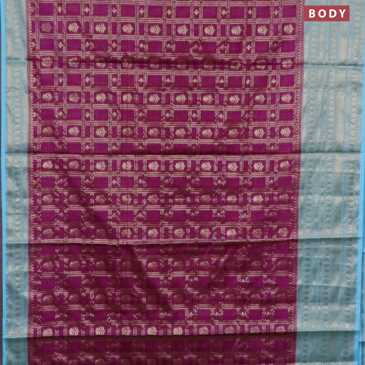 Semi banarasi silk saree purple and light blue with allover zari checkes & buttas and long zari woven border - Image 2
