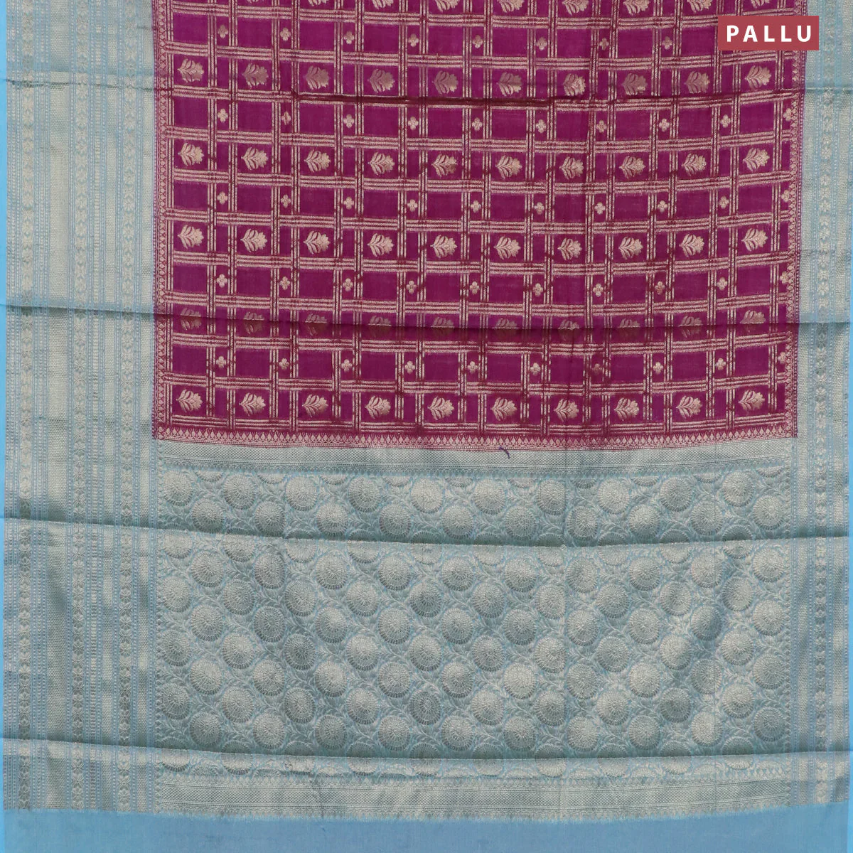 Semi banarasi silk saree purple and light blue with allover zari checkes & buttas and long zari woven border - Image 3