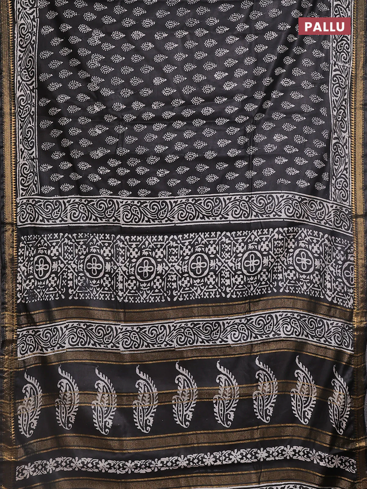 Semi bhagalpuri saree black with allover prints and zari woven border - Image 3