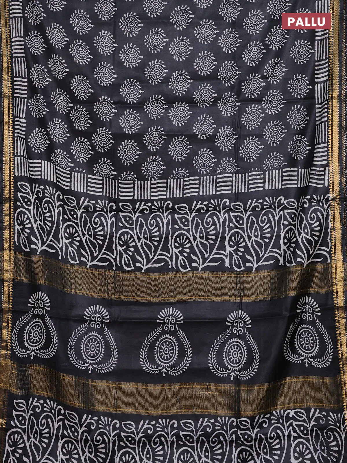 Semi bhagalpuri saree black with allover prints and zari woven border - Image 3