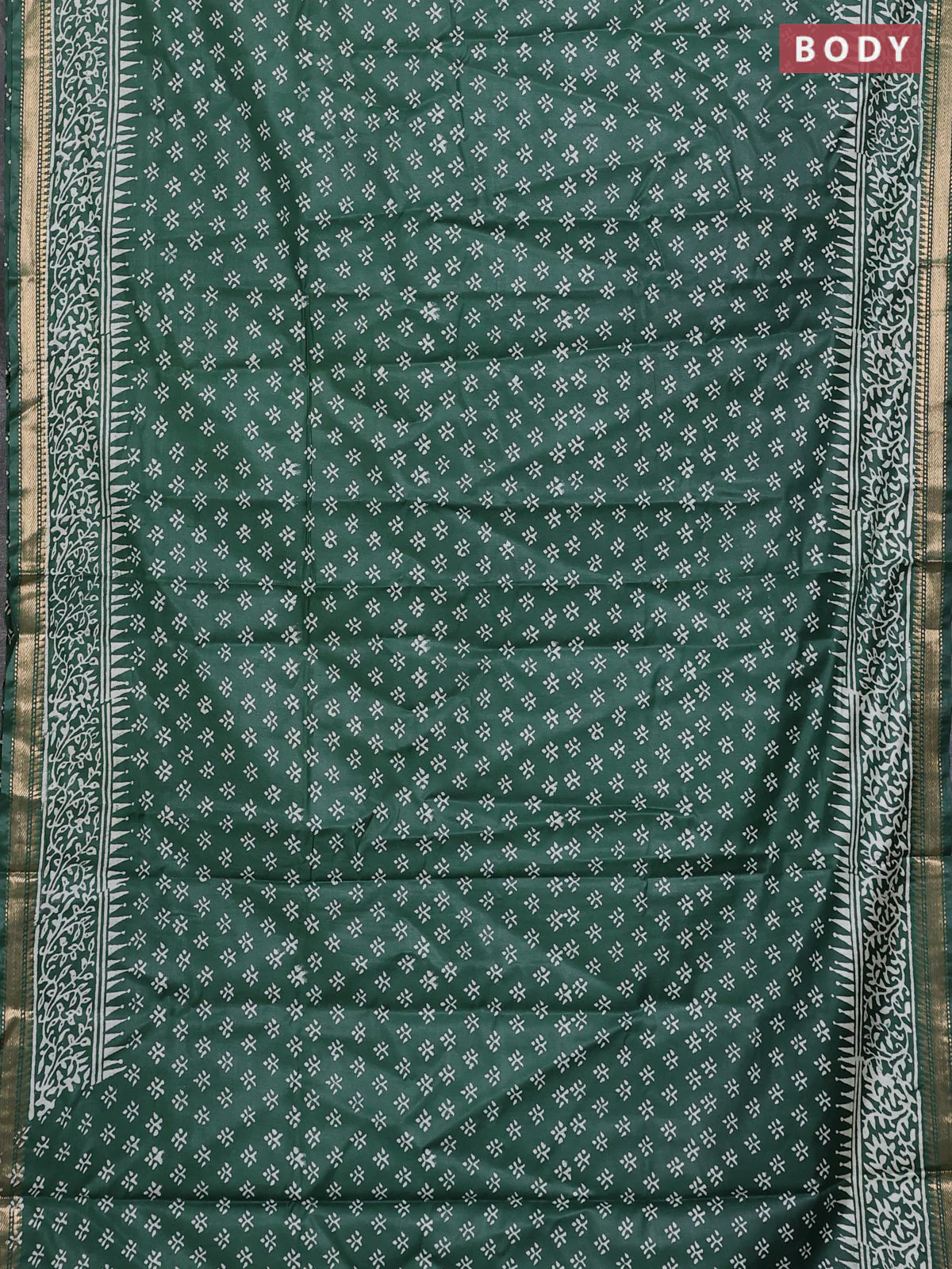 Semi bhagalpuri saree bottle green with allover prints and zari woven border - Image 2
