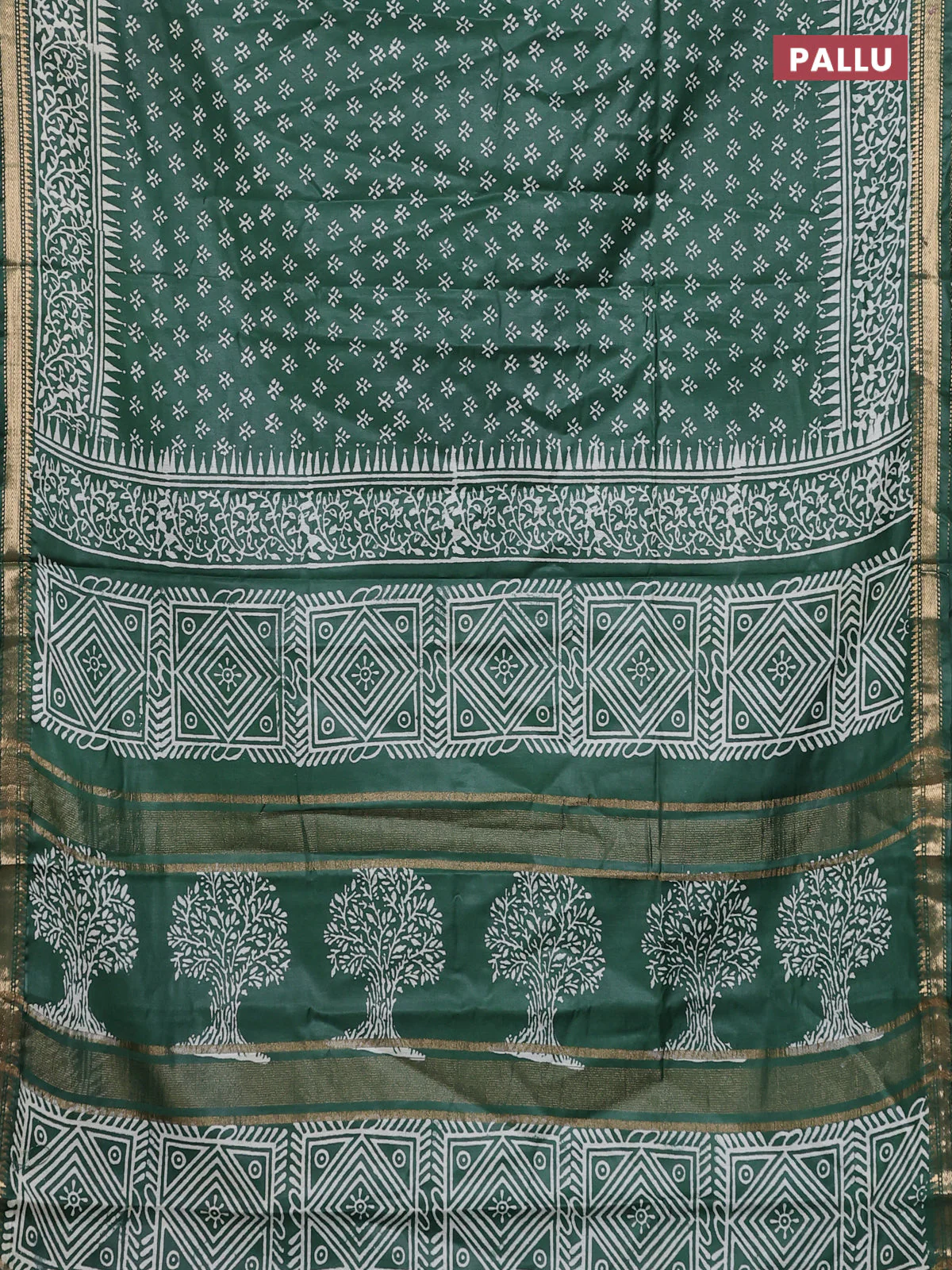 Semi bhagalpuri saree bottle green with allover prints and zari woven border - Image 3