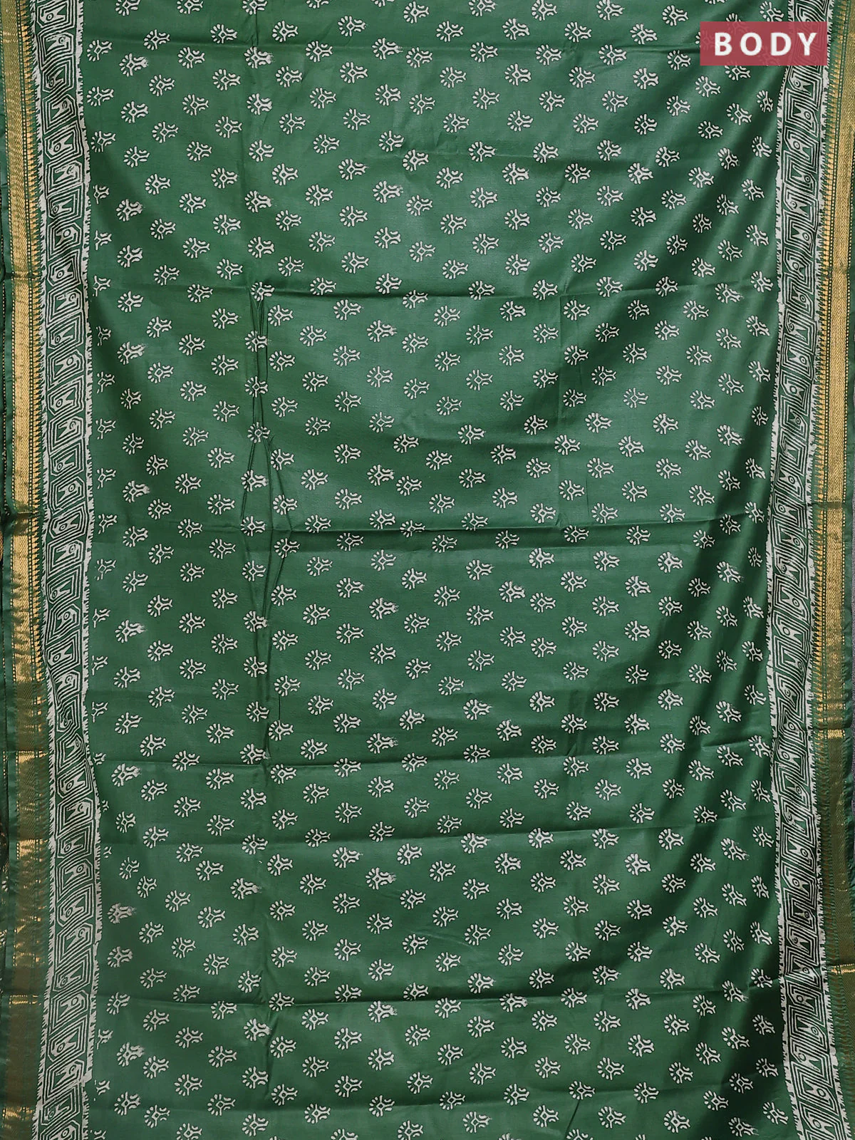 Semi bhagalpuri saree bottle green with allover prints and zari woven border - Image 2