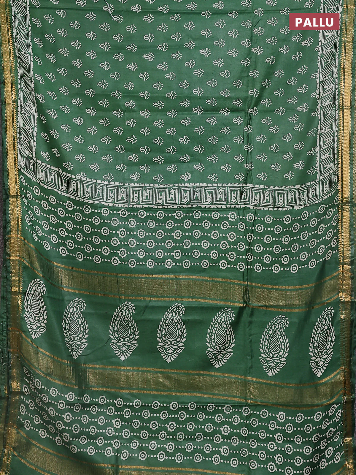 Semi bhagalpuri saree bottle green with allover prints and zari woven border - Image 3