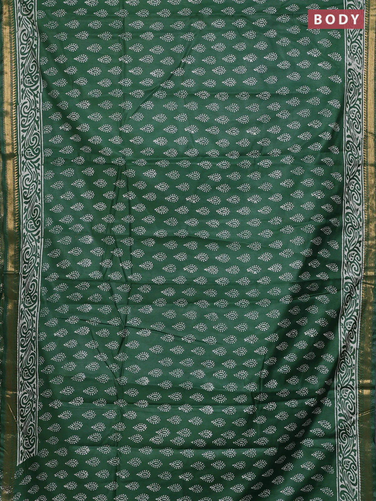 Semi bhagalpuri saree bottle green with allover prints and zari woven border - Image 2