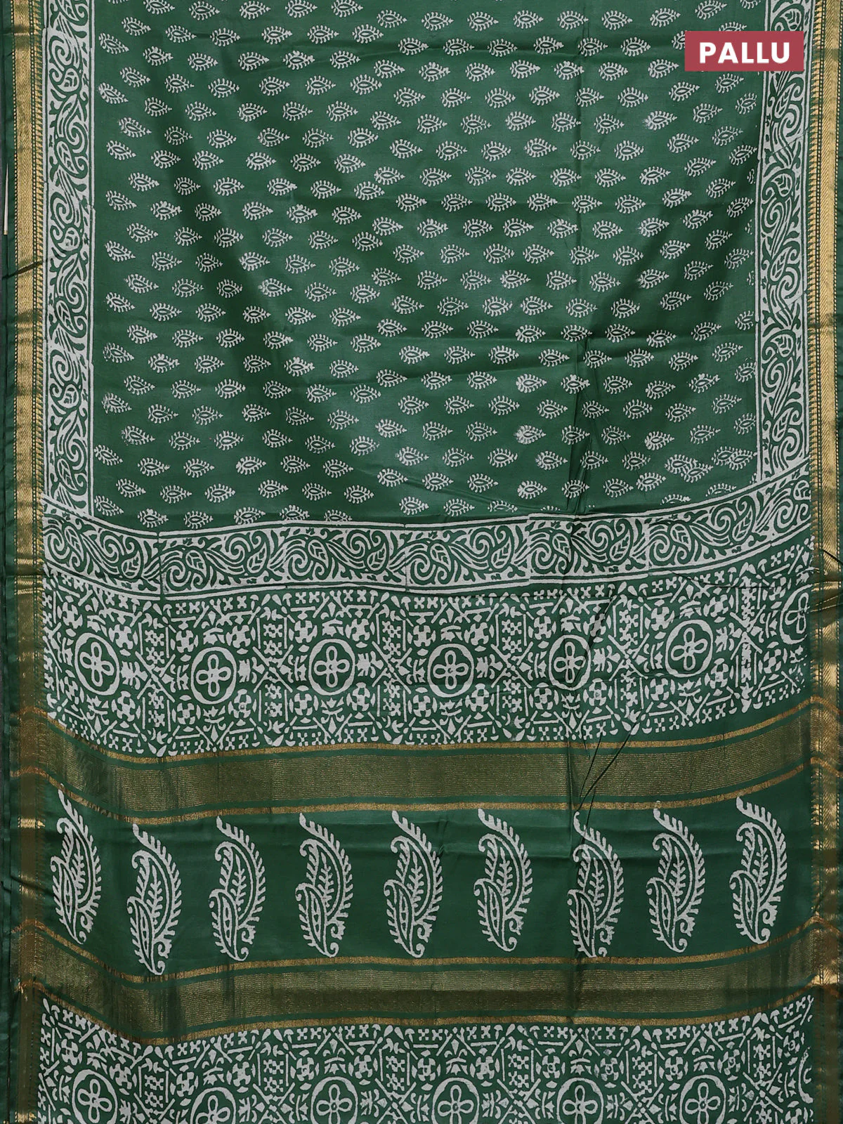 Semi bhagalpuri saree bottle green with allover prints and zari woven border - Image 3