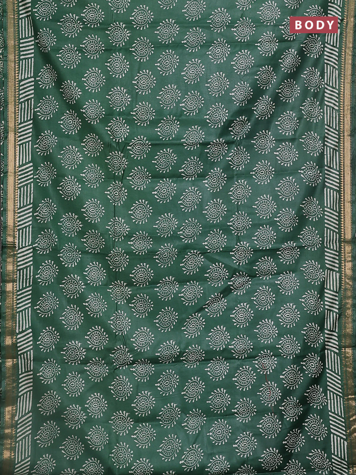 Semi bhagalpuri saree bottle green with allover prints and zari woven border - Image 2