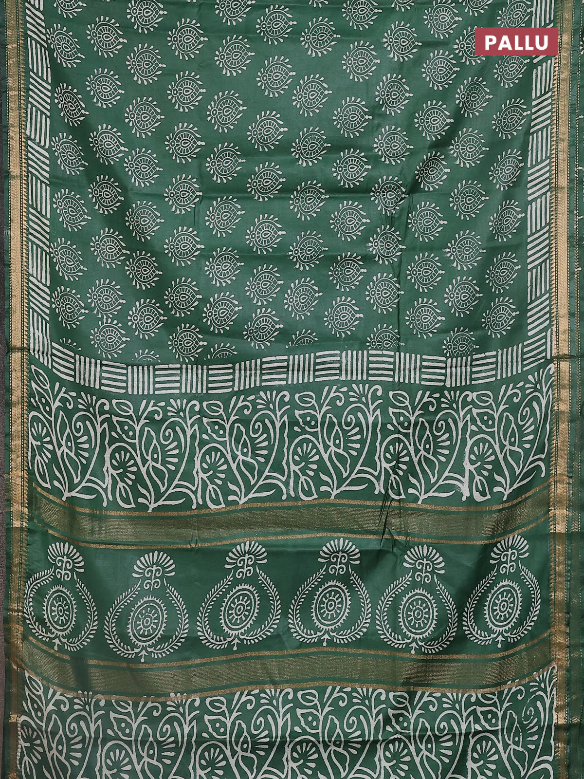 Semi bhagalpuri saree bottle green with allover prints and zari woven border - Image 3