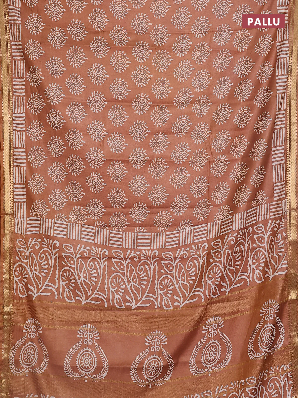 Semi bhagalpuri saree brown with allover prints and zari woven border - Image 3