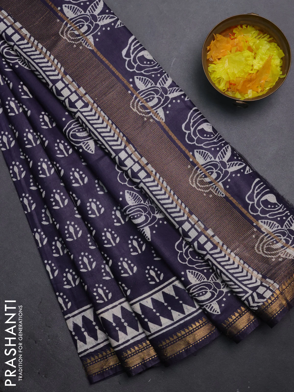 Semi bhagalpuri saree deep jamun with allover prints and zari woven border