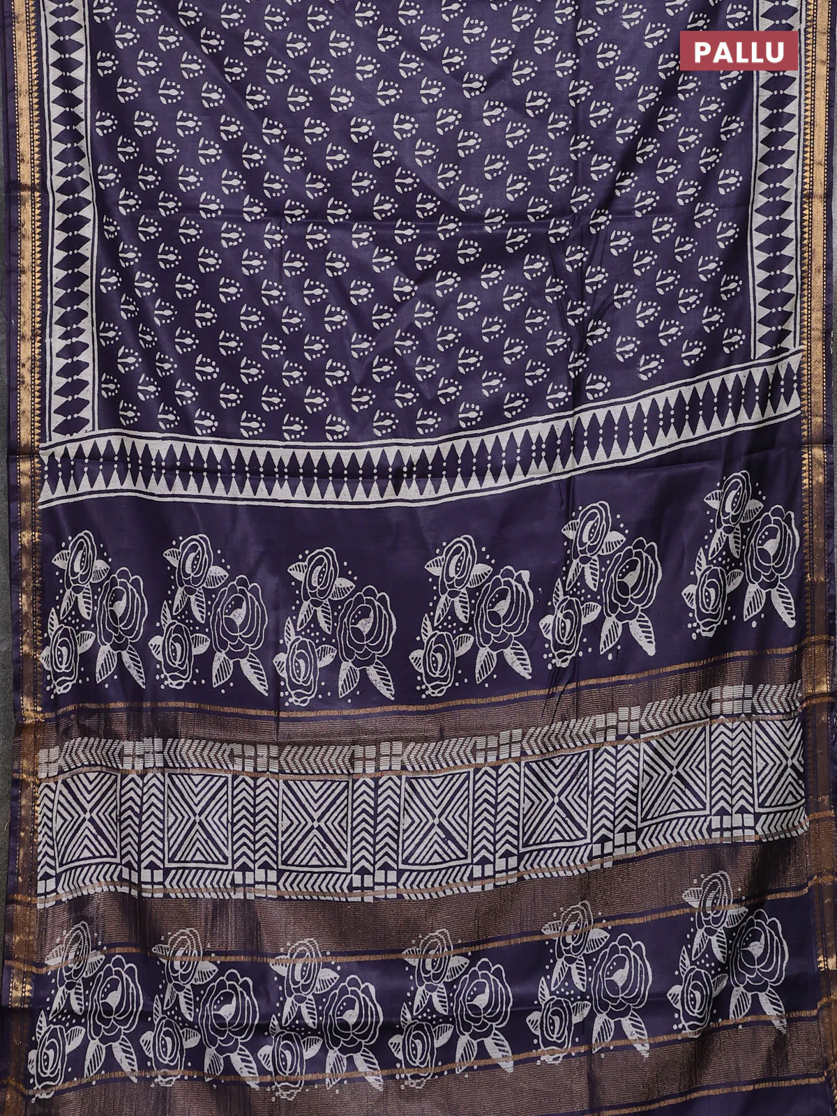 Semi bhagalpuri saree deep jamun with allover prints and zari woven border - Image 3