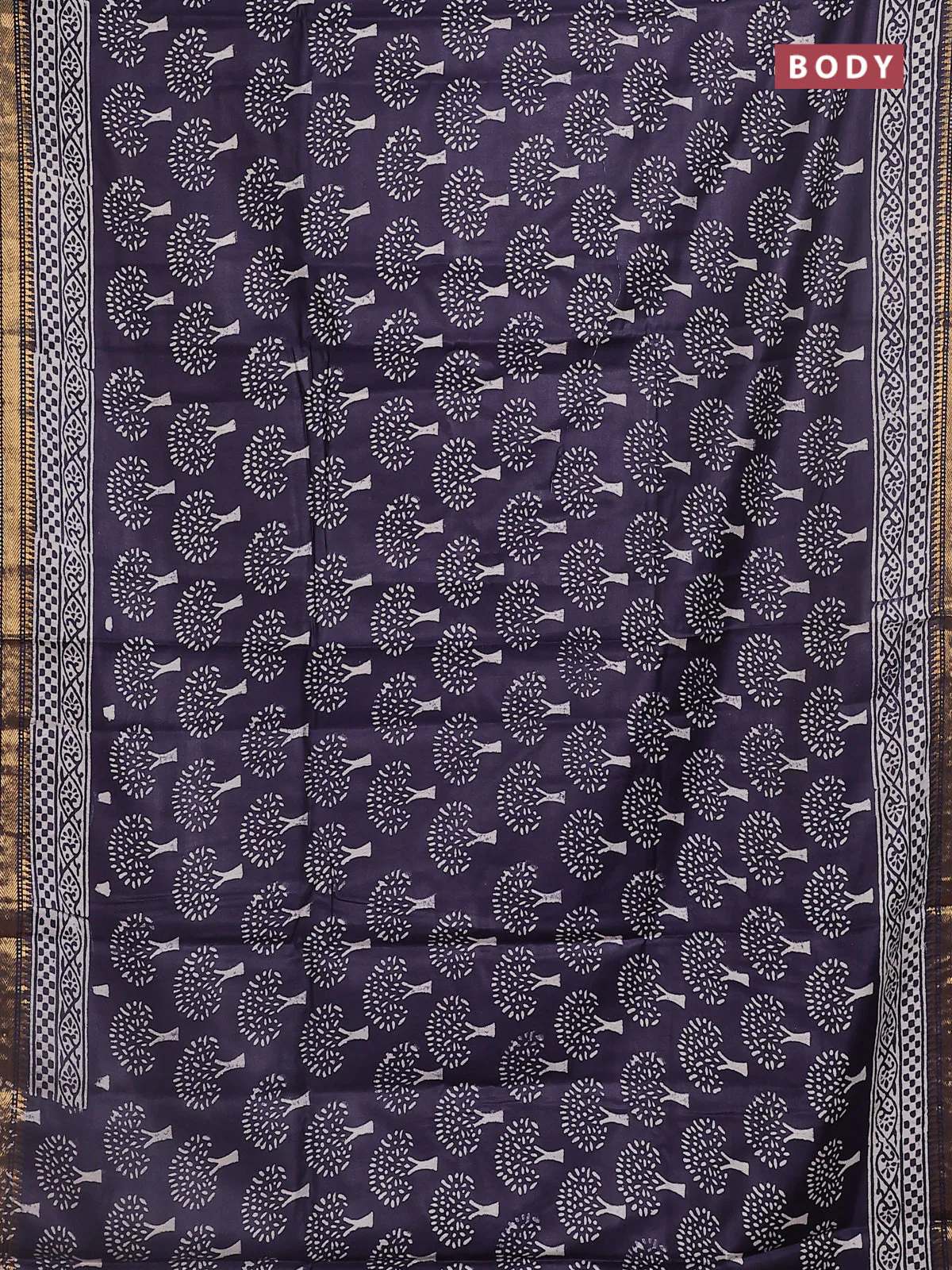 Semi bhagalpuri saree deep jamun with allover prints and zari woven border - Image 2