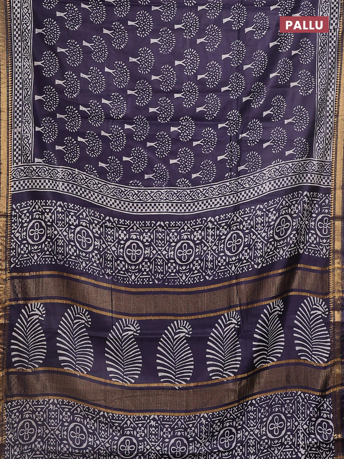 Semi bhagalpuri saree deep jamun with allover prints and zari woven border - Image 3