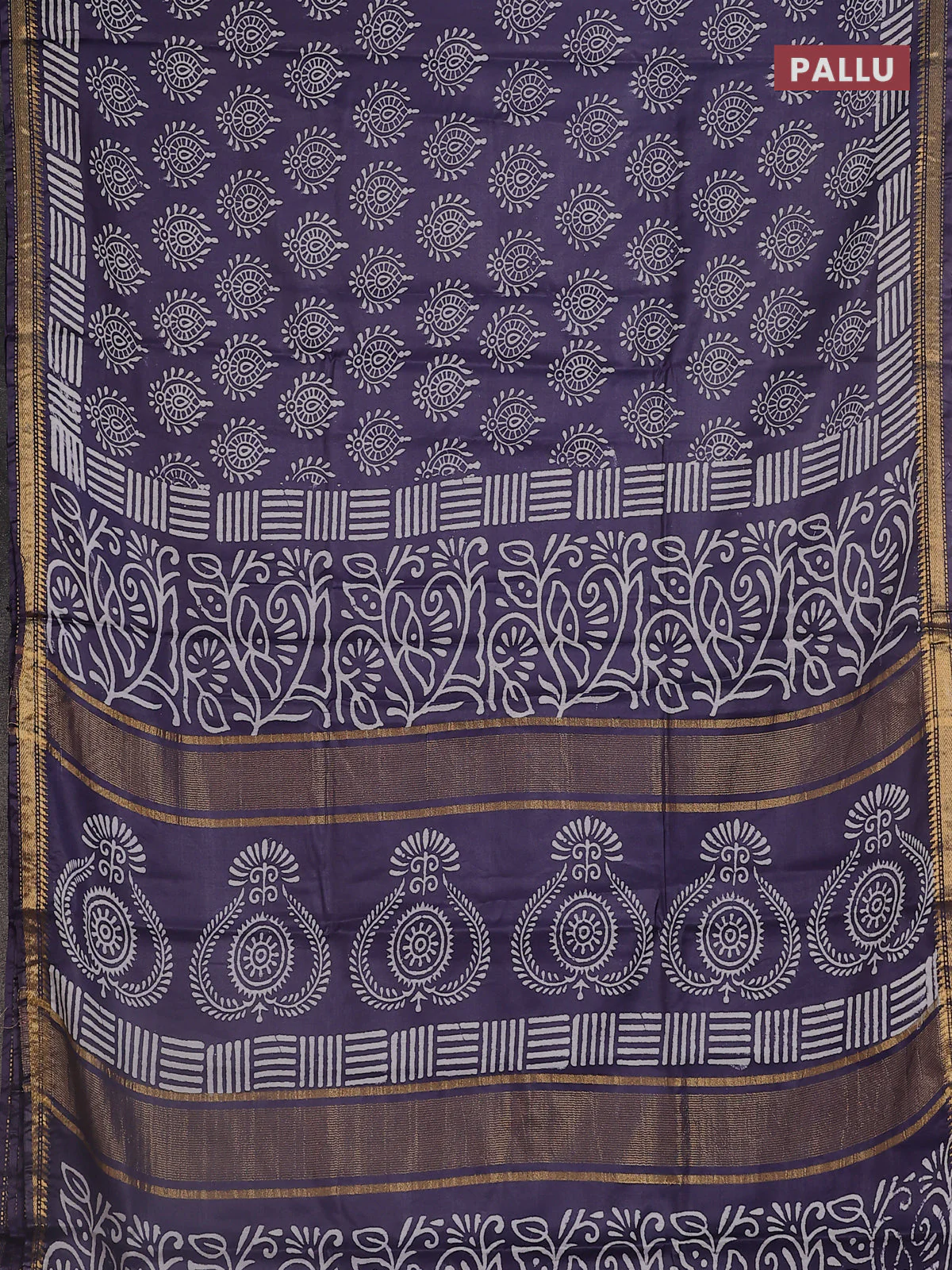 Semi bhagalpuri saree deep jamun with allover prints and zari woven border - Image 3