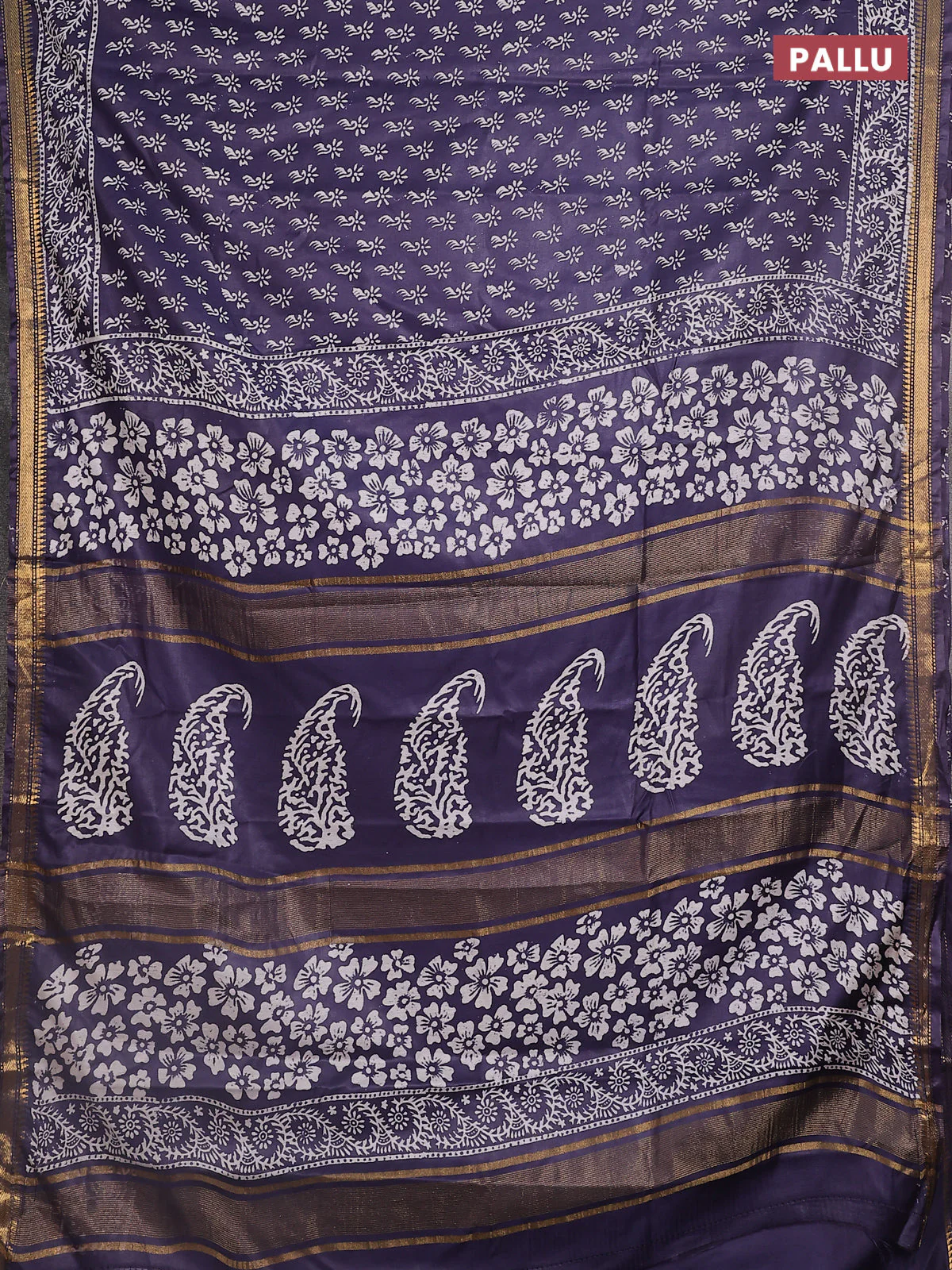 Semi bhagalpuri saree deep jamun with allover prints and zari woven border - Image 3