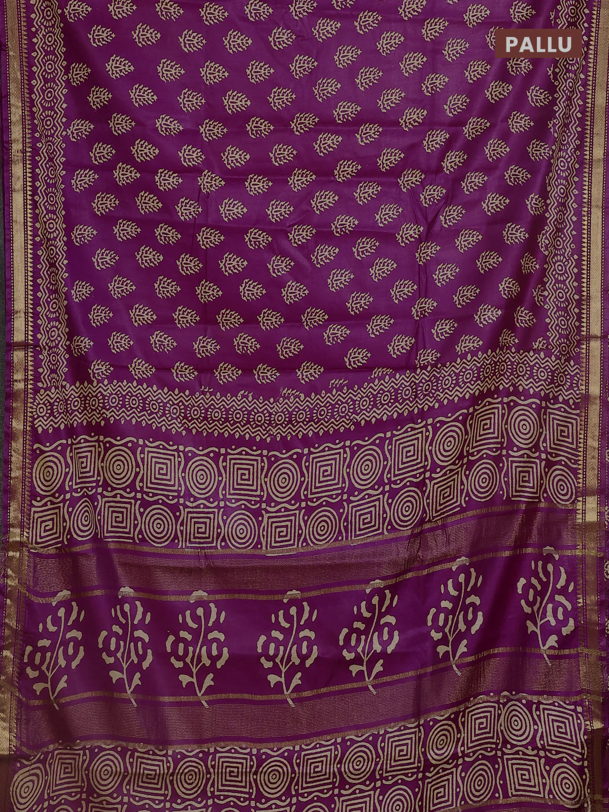 Semi bhagalpuri saree deep purple with allover prints and zari woven border - Image 3