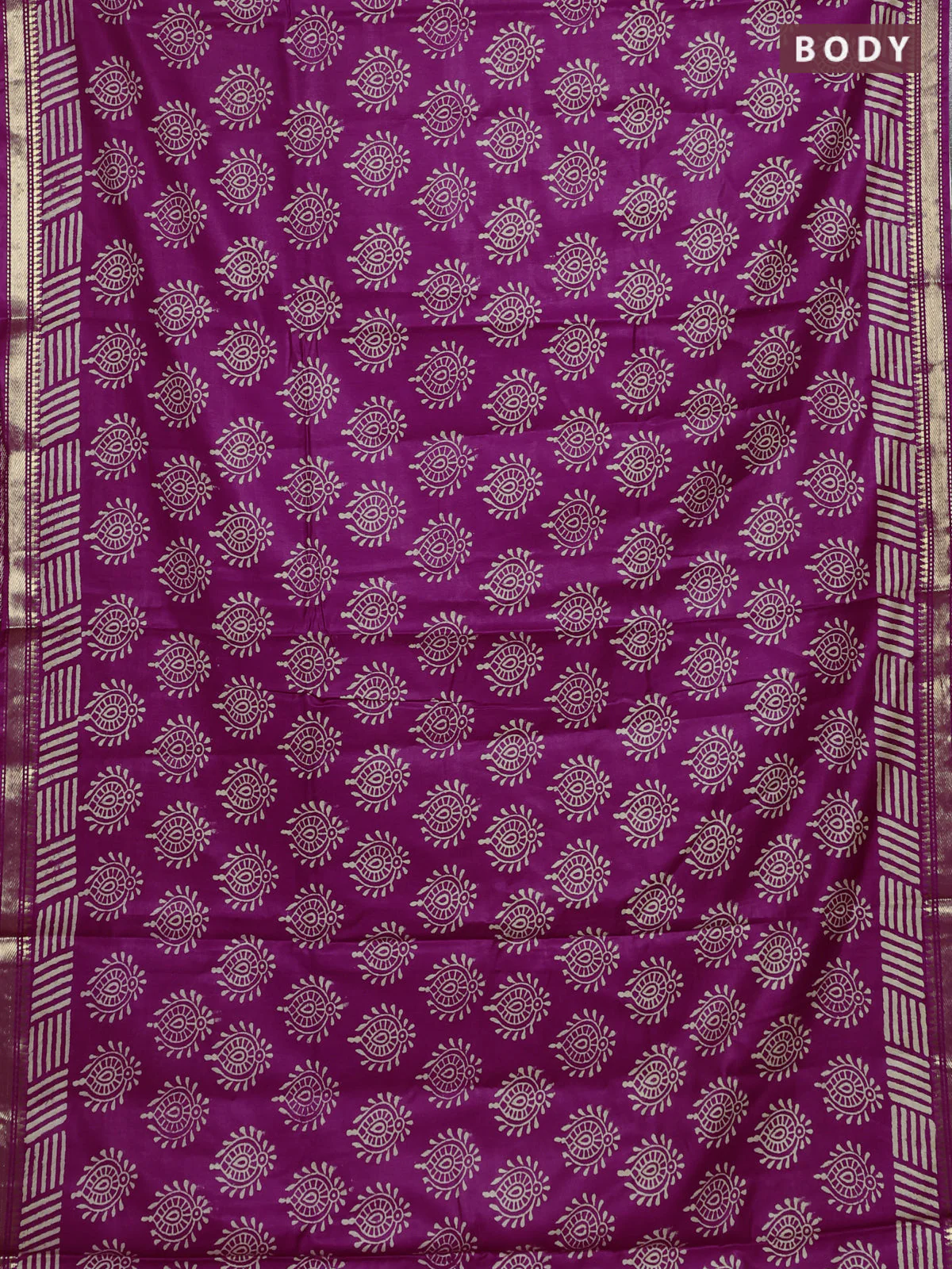 Semi bhagalpuri saree deep purple with allover prints and zari woven border - Image 2