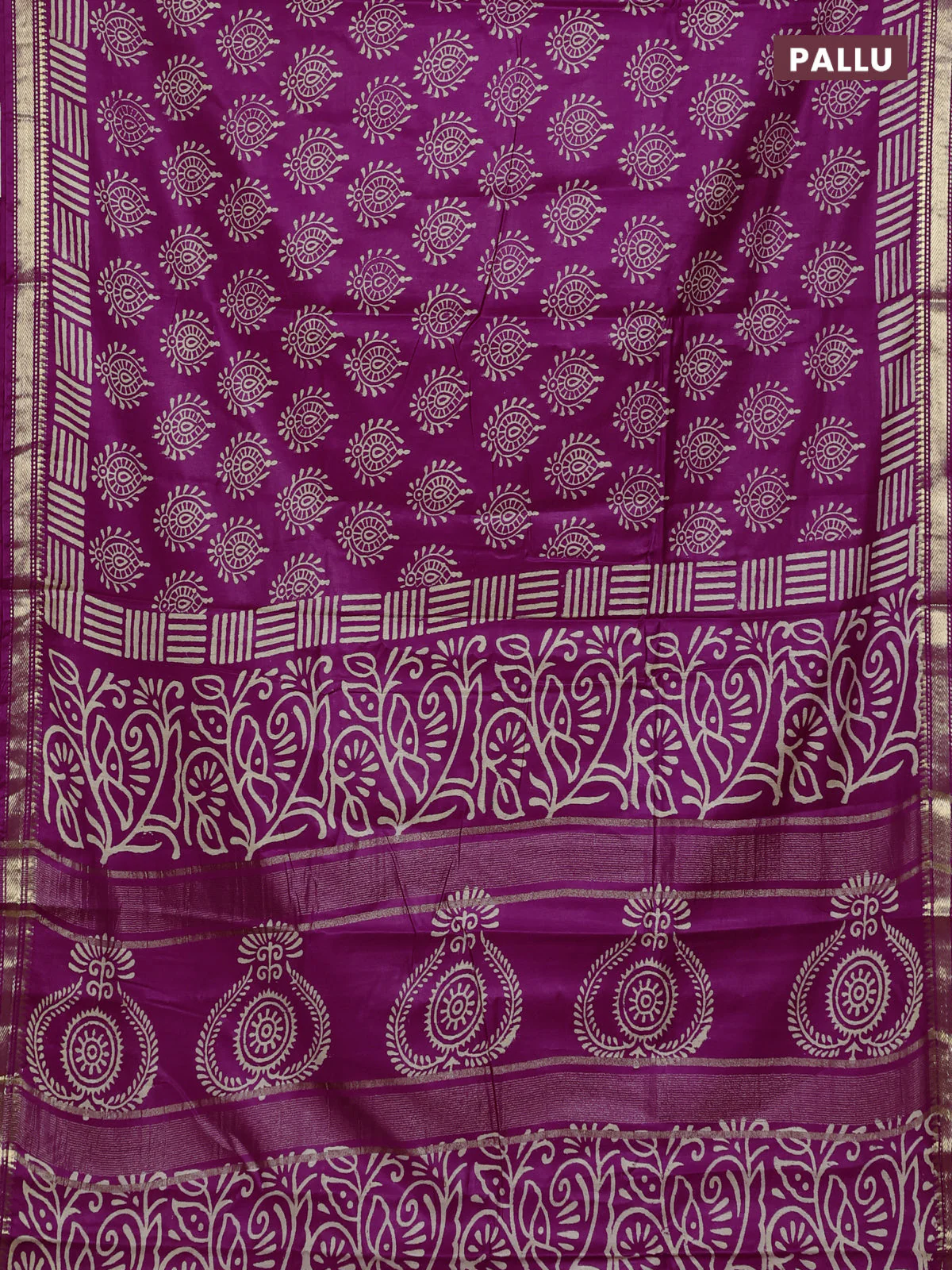 Semi bhagalpuri saree deep purple with allover prints and zari woven border - Image 3