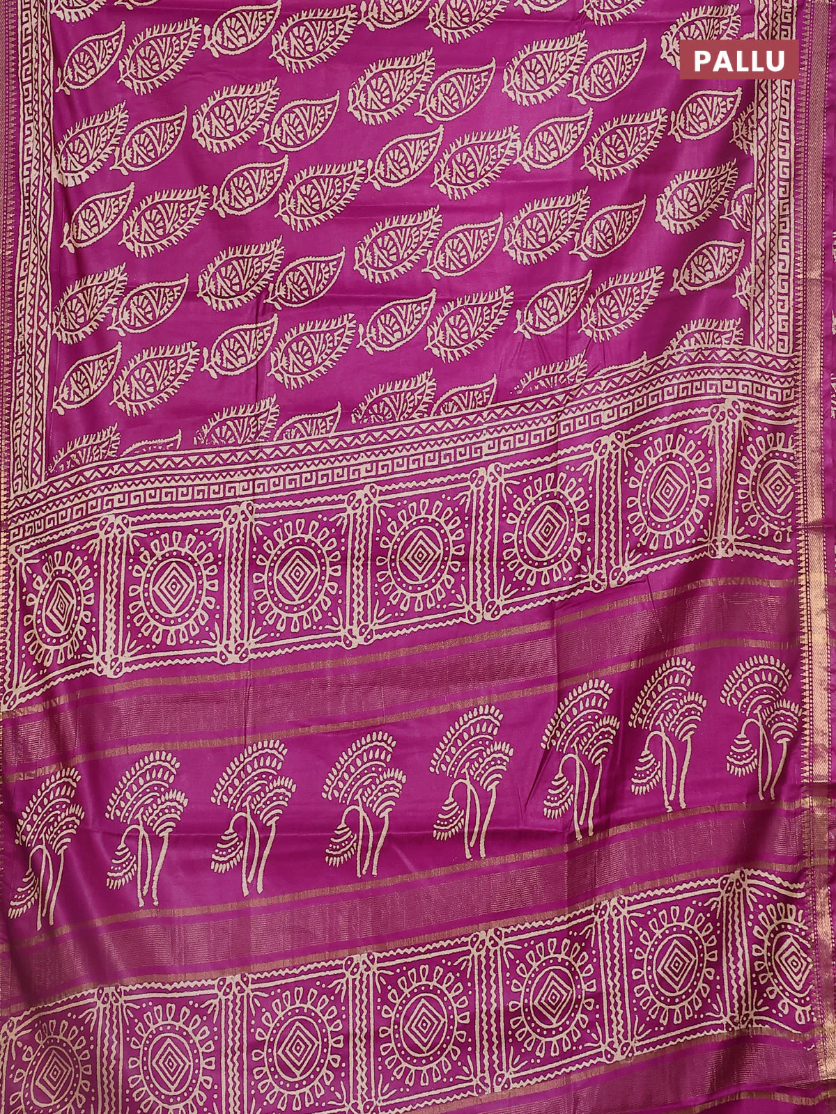 Semi bhagalpuri saree deep purple with allover prints and zari woven border - Image 3