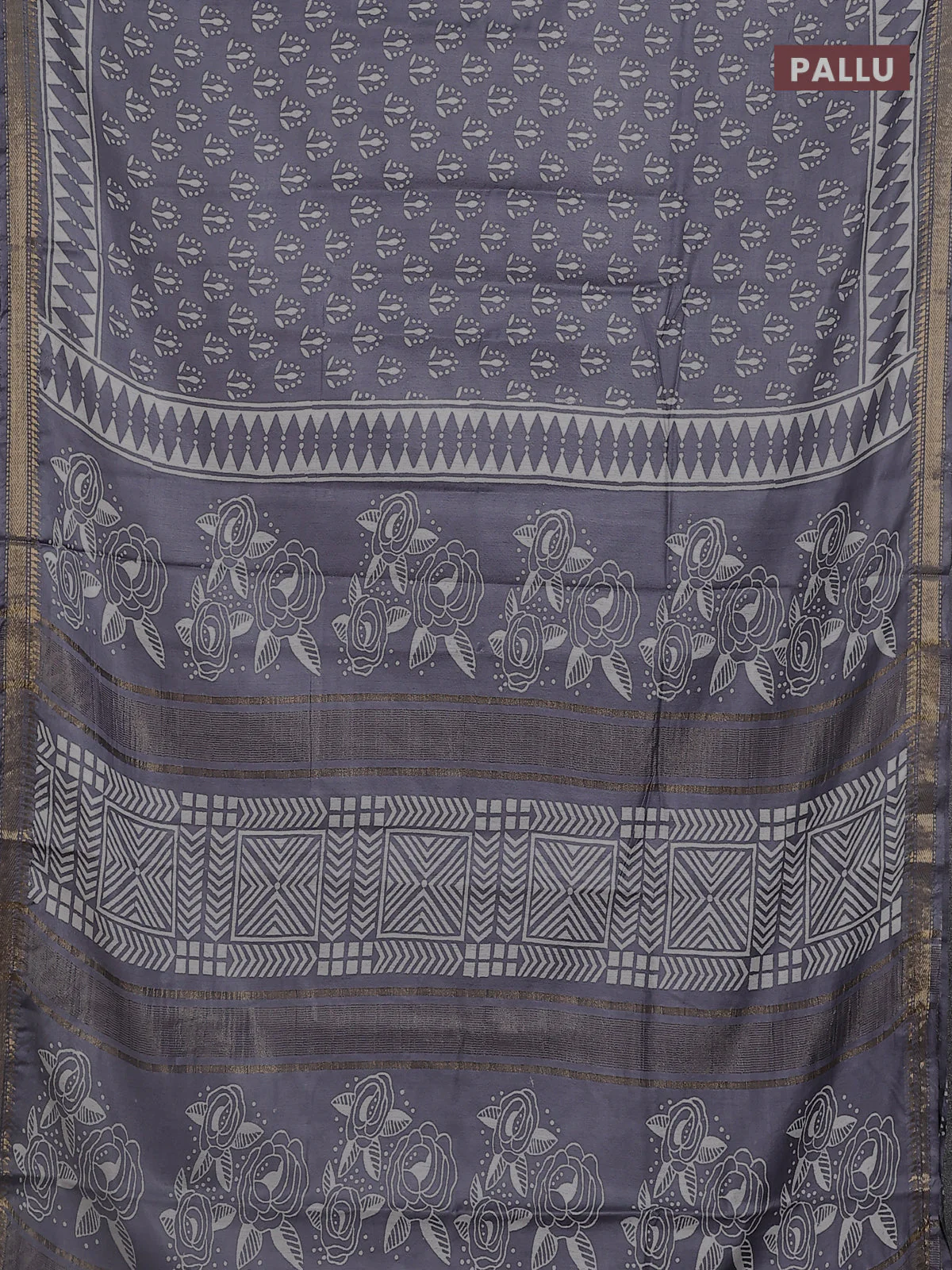 Semi bhagalpuri saree grey with allover prints and zari woven border - Image 3