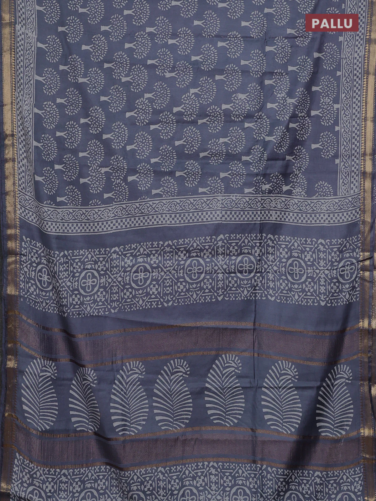 Semi bhagalpuri saree grey with allover prints and zari woven border - Image 3
