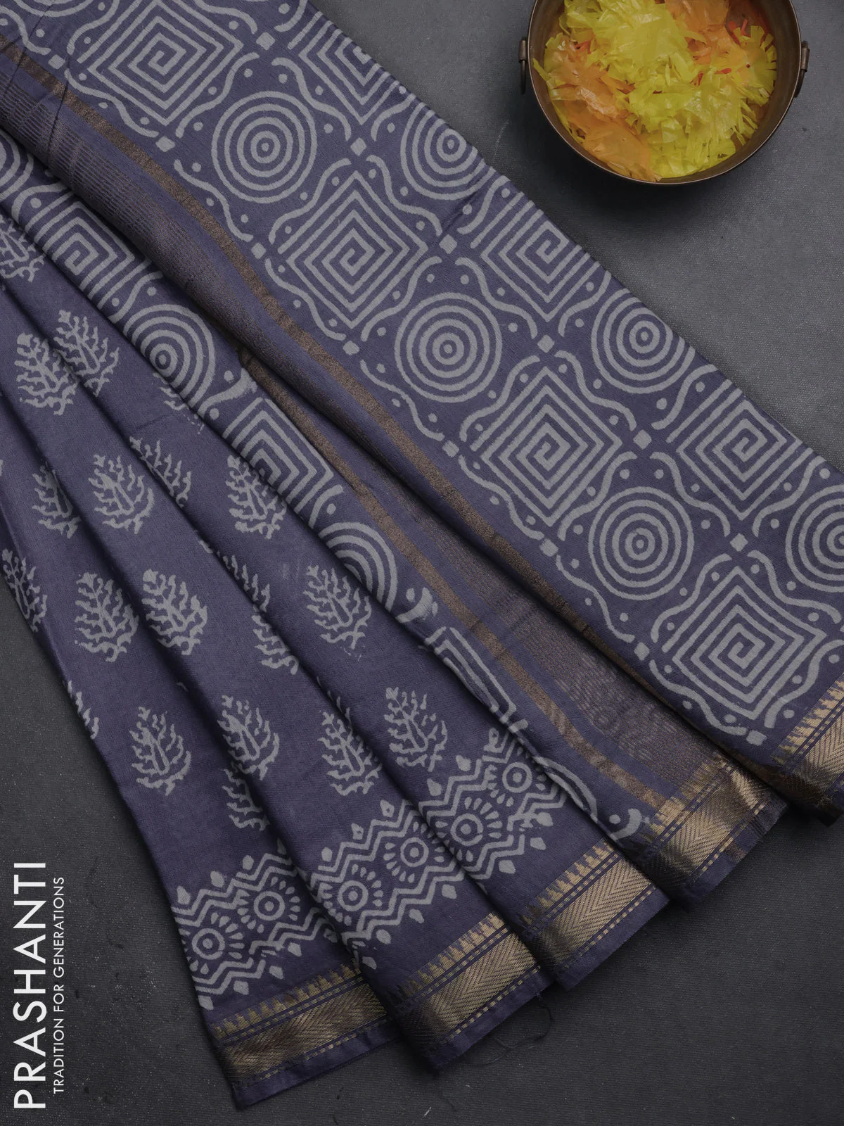 Semi bhagalpuri saree grey with allover prints and zari woven border