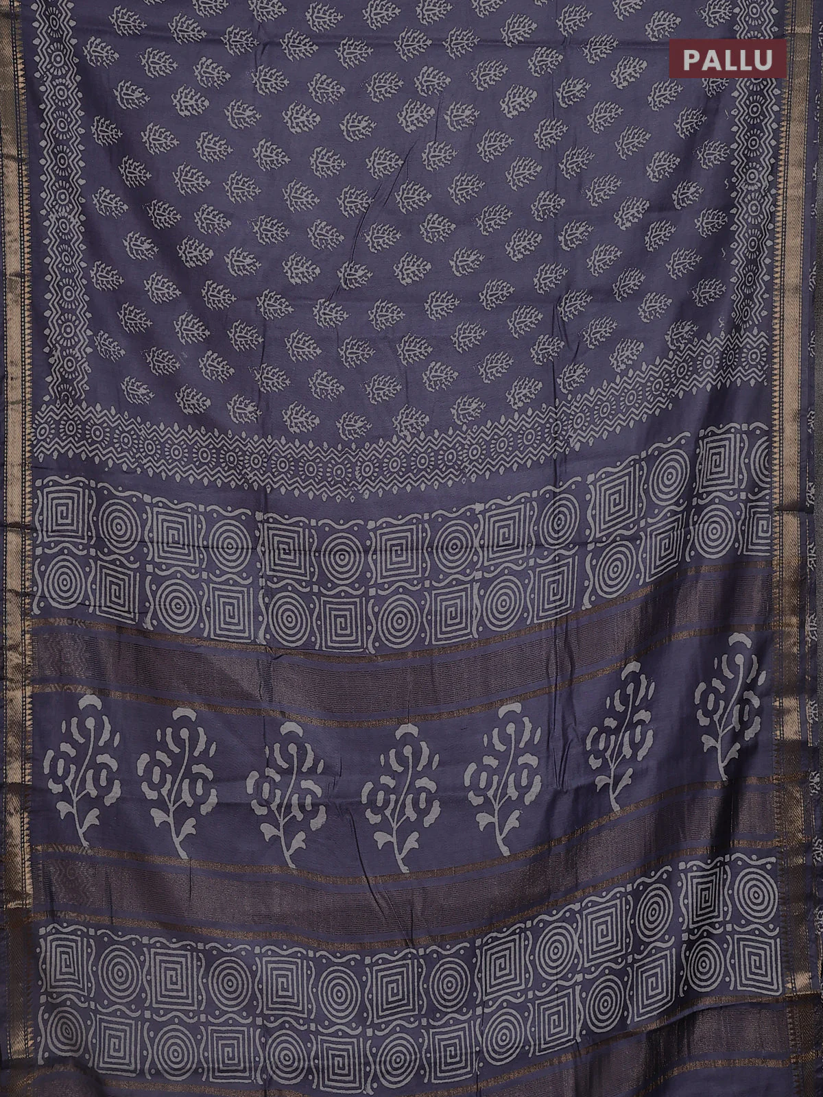 Semi bhagalpuri saree grey with allover prints and zari woven border - Image 3