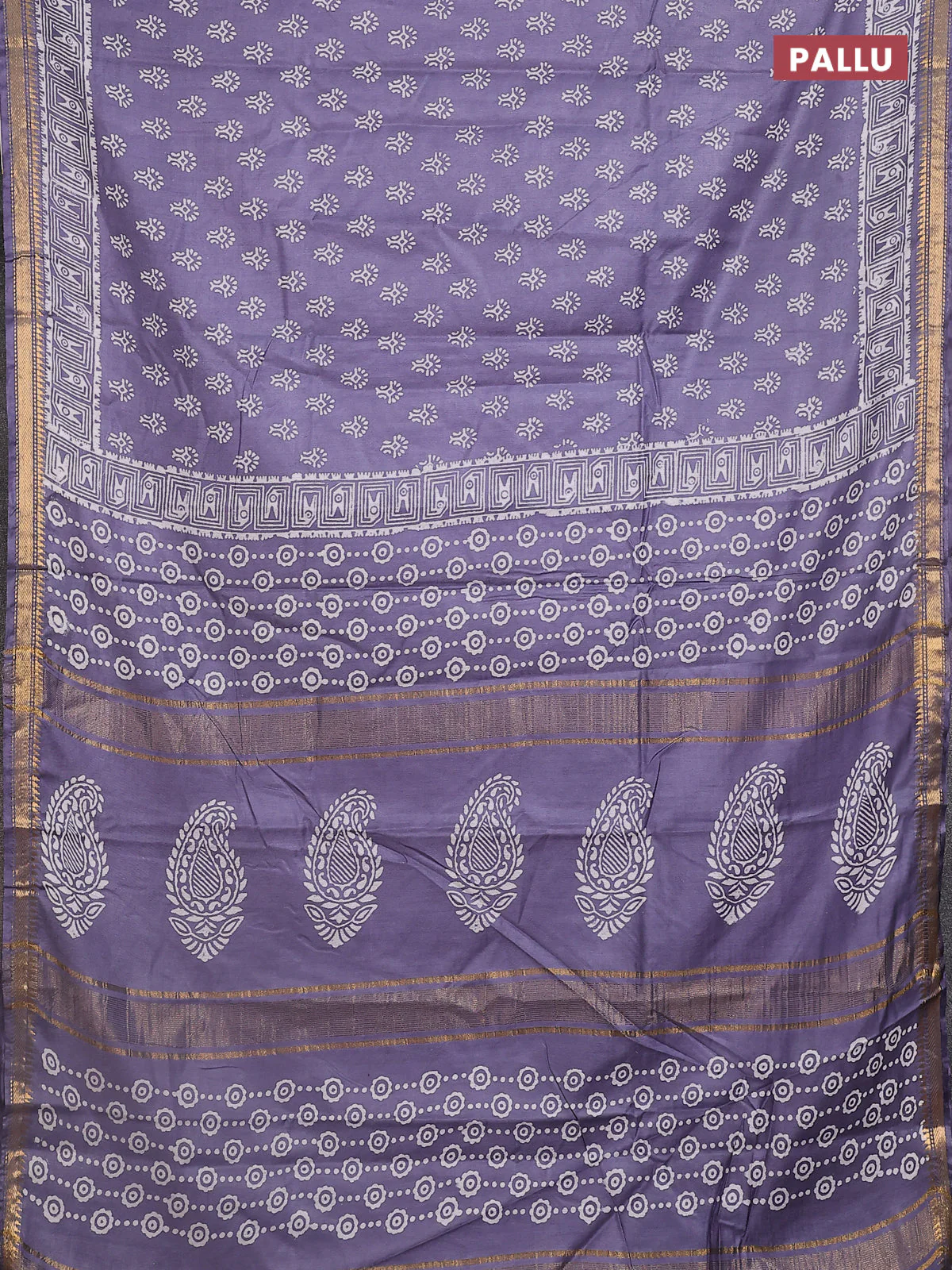 Semi bhagalpuri saree grey with allover prints and zari woven border - Image 3