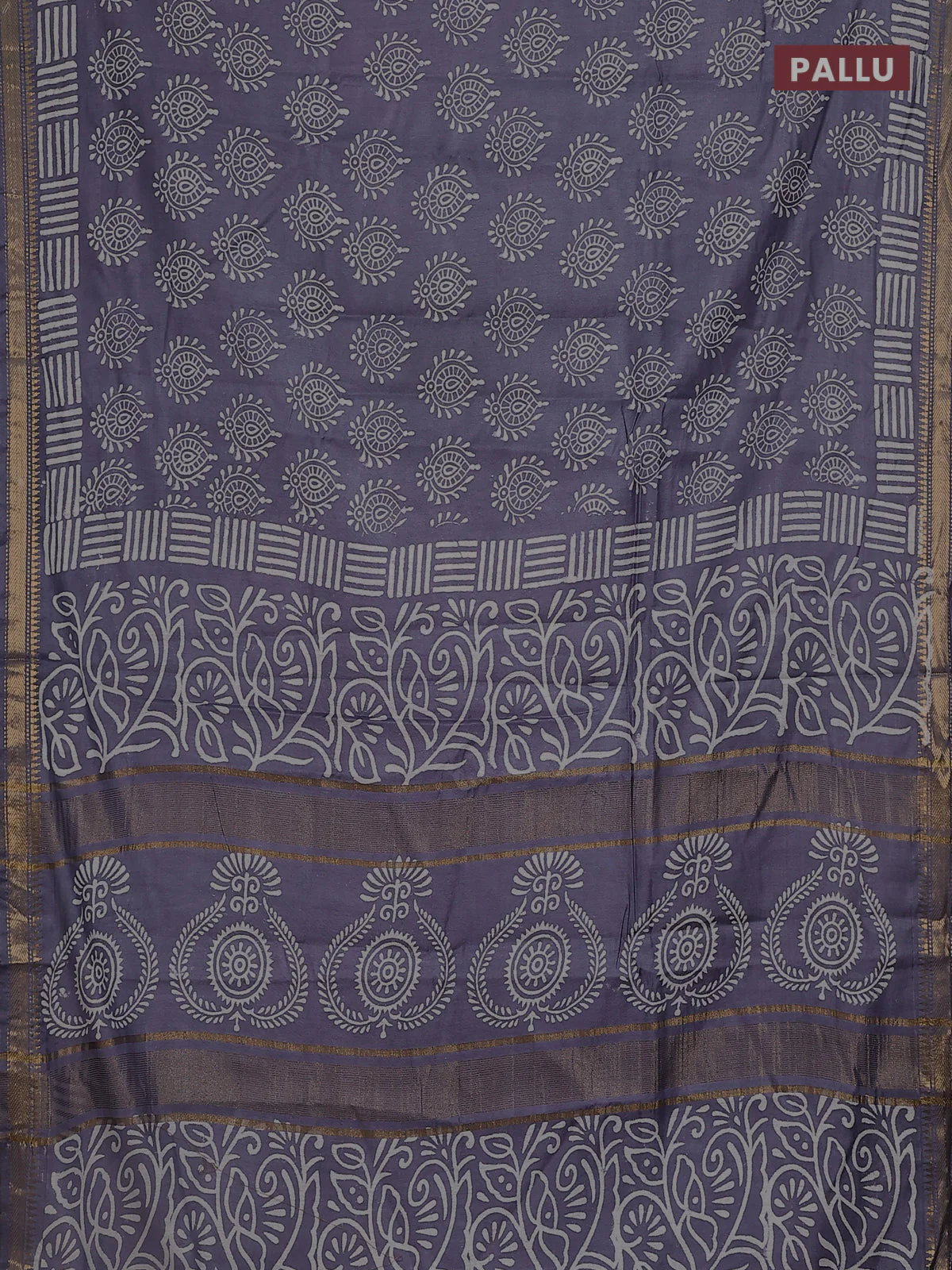 Semi bhagalpuri saree grey with allover prints and zari woven border - Image 3