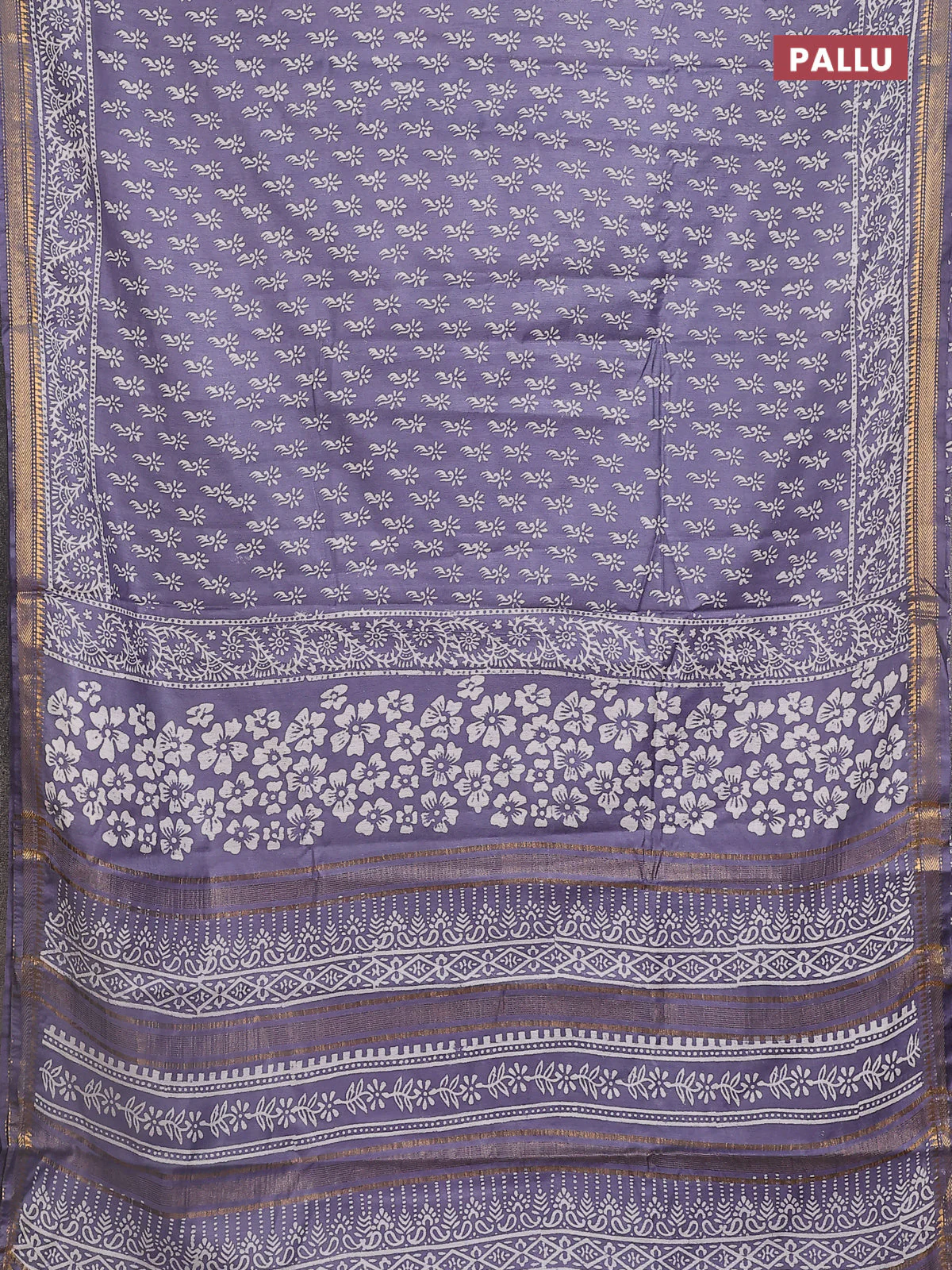Semi bhagalpuri saree grey with allover prints and zari woven border - Image 3