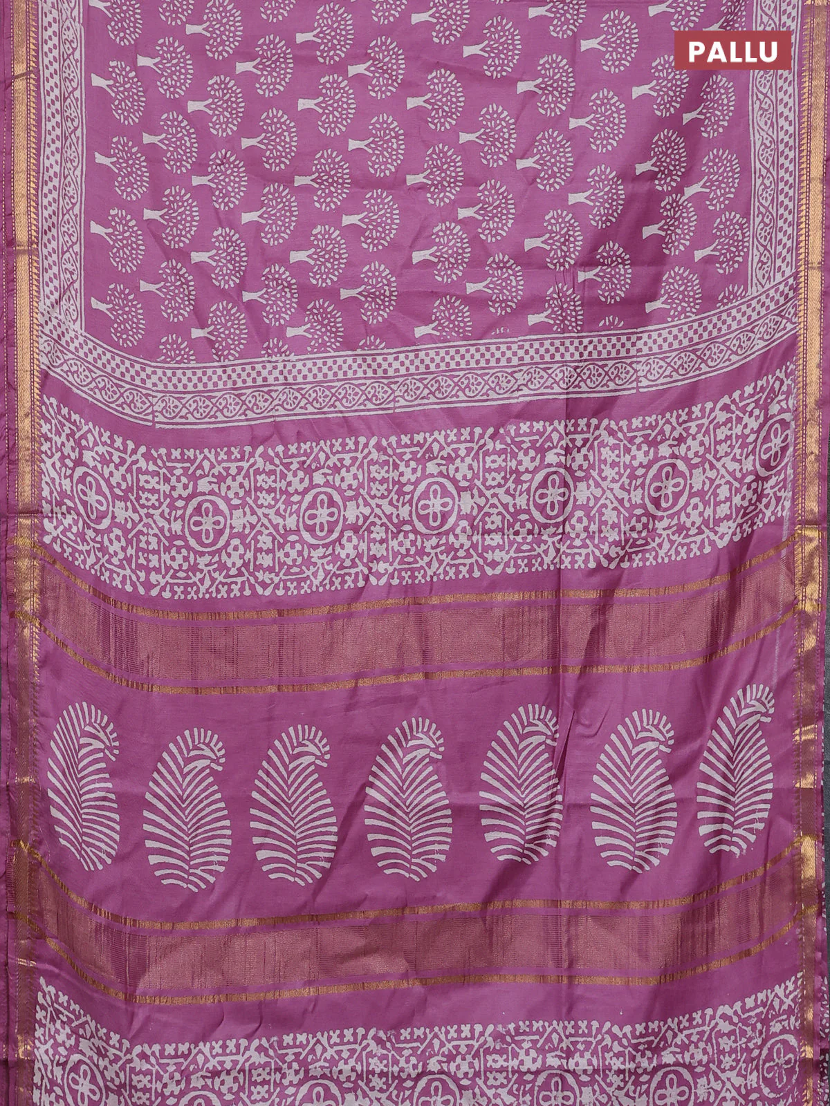 Semi bhagalpuri saree lavender with allover prints and zari woven border - Image 3