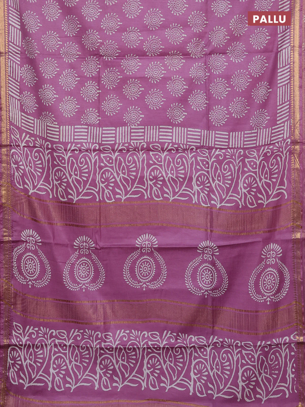 Semi bhagalpuri saree lavender with allover prints and zari woven border - Image 3