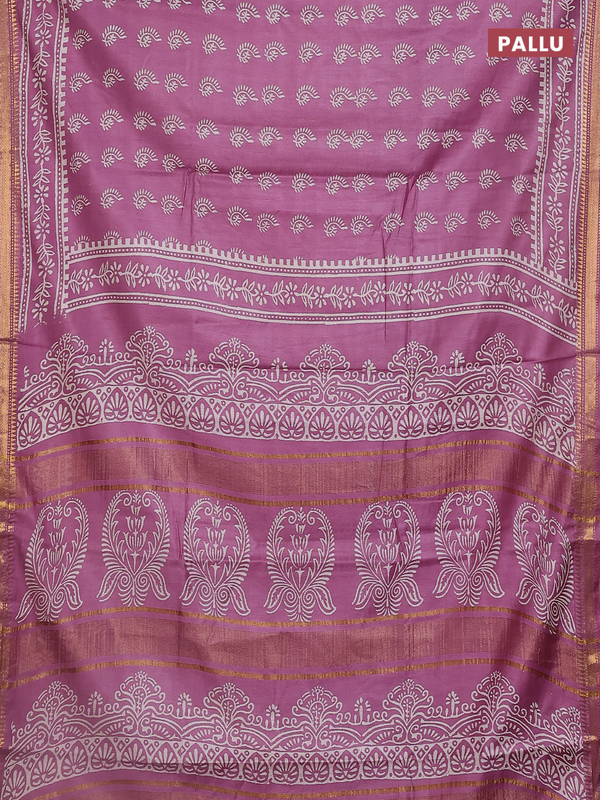 Semi bhagalpuri saree lavender with allover prints and zari woven border - Image 3