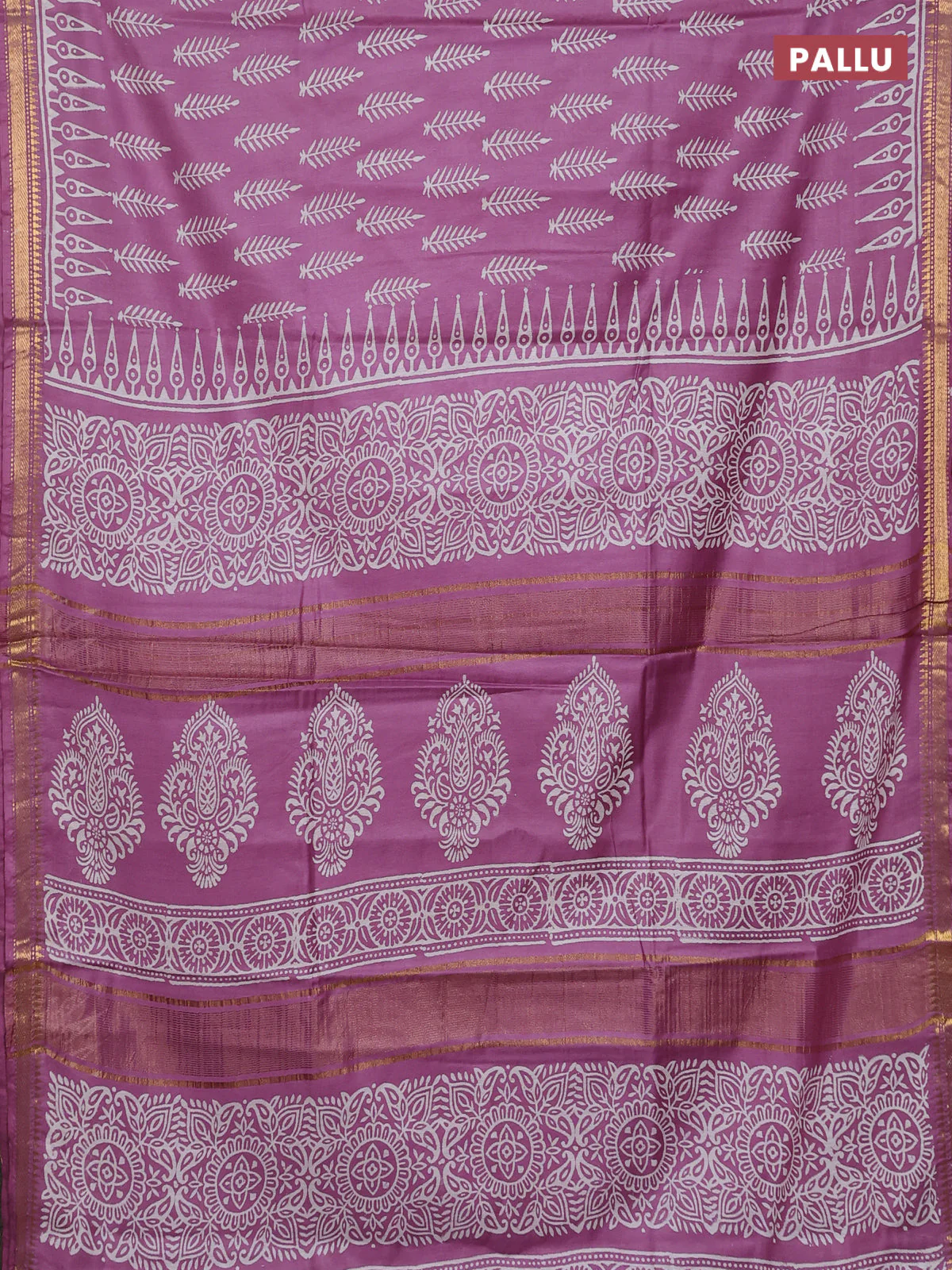 Semi bhagalpuri saree lavender with allover prints and zari woven border - Image 3