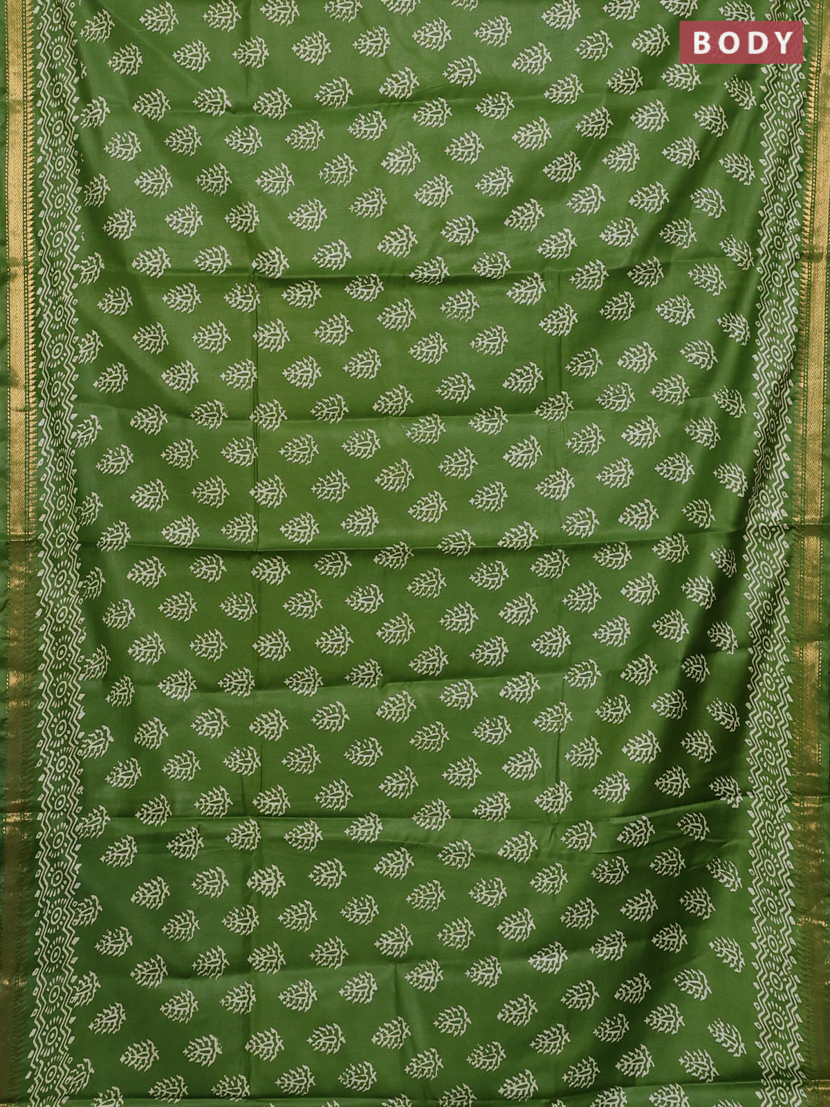 Semi bhagalpuri saree leaf green with allover prints and zari woven border - Image 2