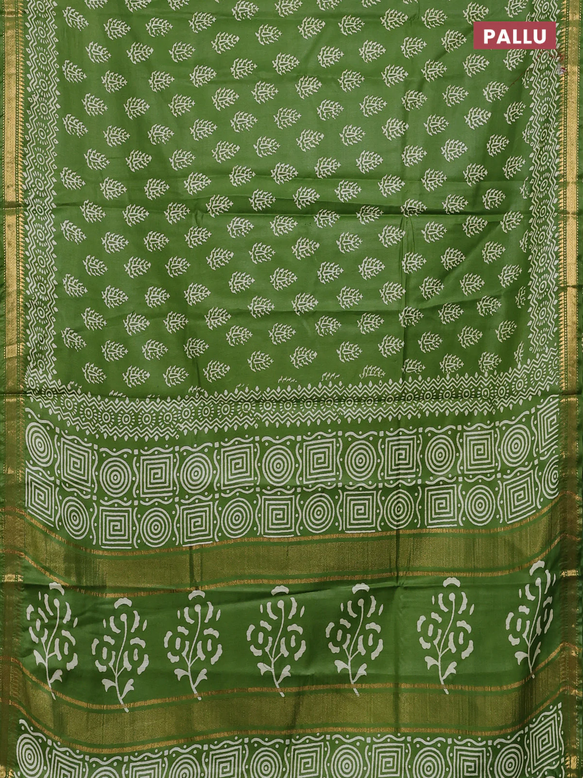 Semi bhagalpuri saree leaf green with allover prints and zari woven border - Image 3