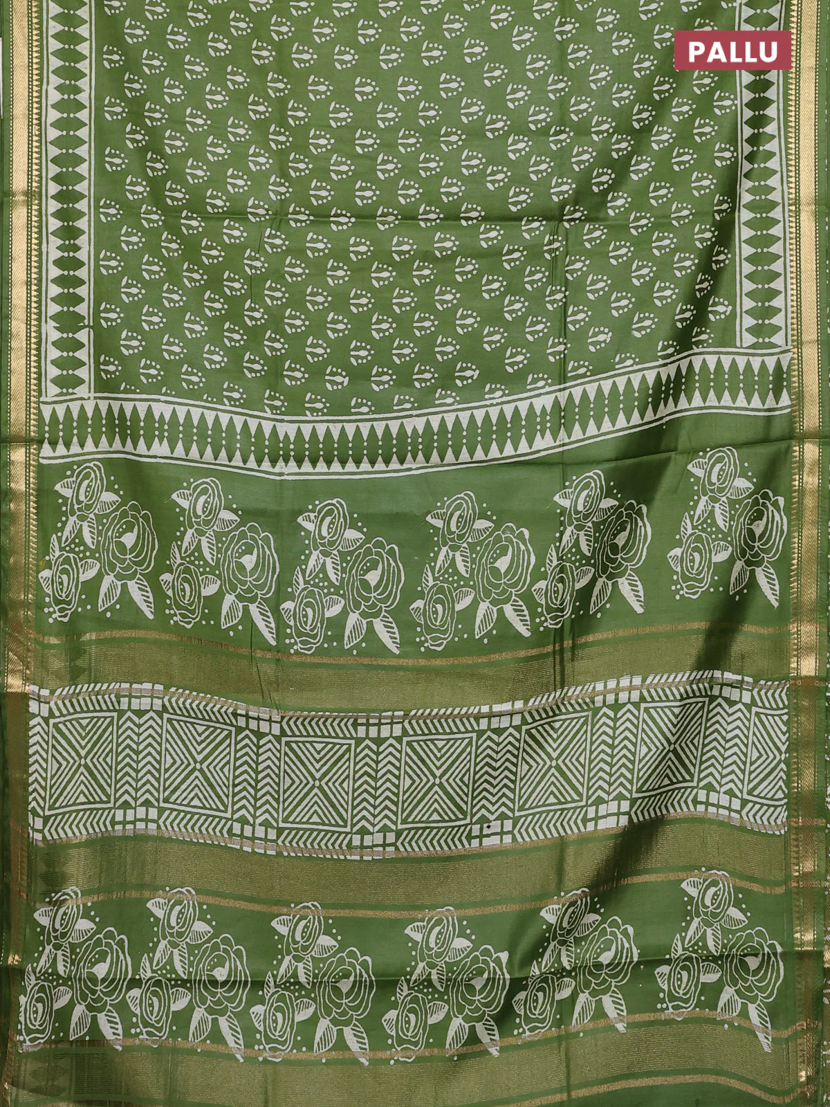 Semi bhagalpuri saree light green with allover prints and zari woven border - Image 3