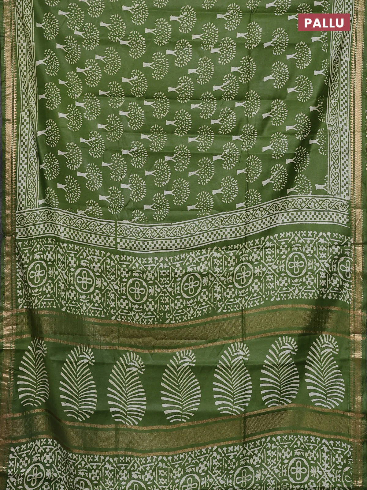 Semi bhagalpuri saree light green with allover prints and zari woven border - Image 3