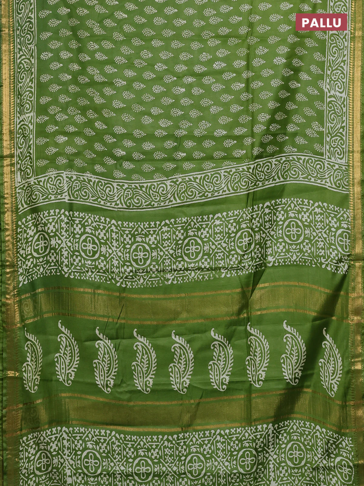 Semi bhagalpuri saree light green with allover prints and zari woven border - Image 3