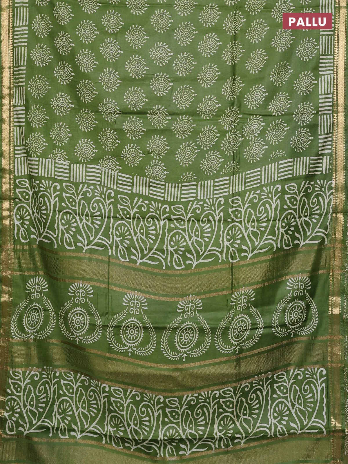 Semi bhagalpuri saree light green with allover prints and zari woven border - Image 3