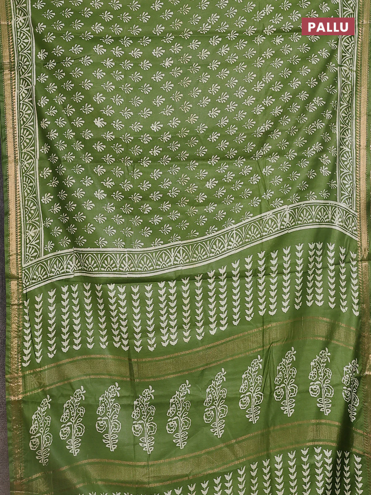 Semi bhagalpuri saree light green with allover prints and zari woven border - Image 3