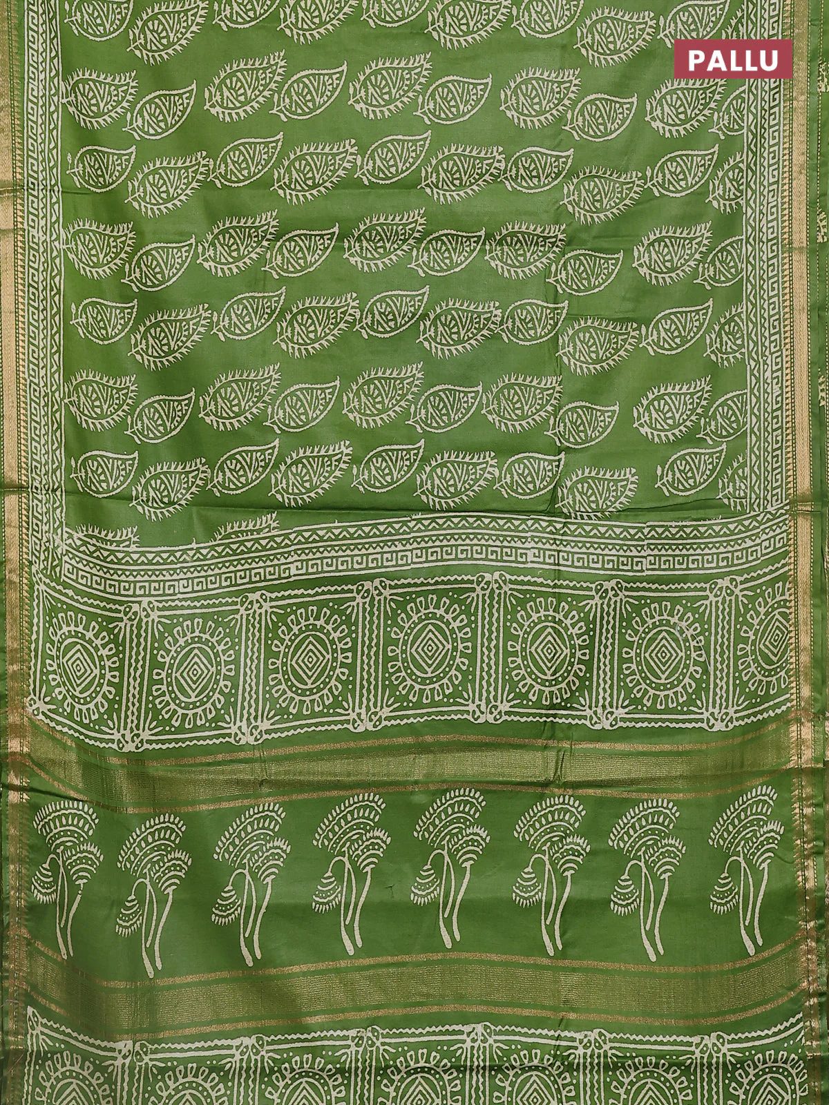 Semi bhagalpuri saree light green with allover prints and zari woven border - Image 3